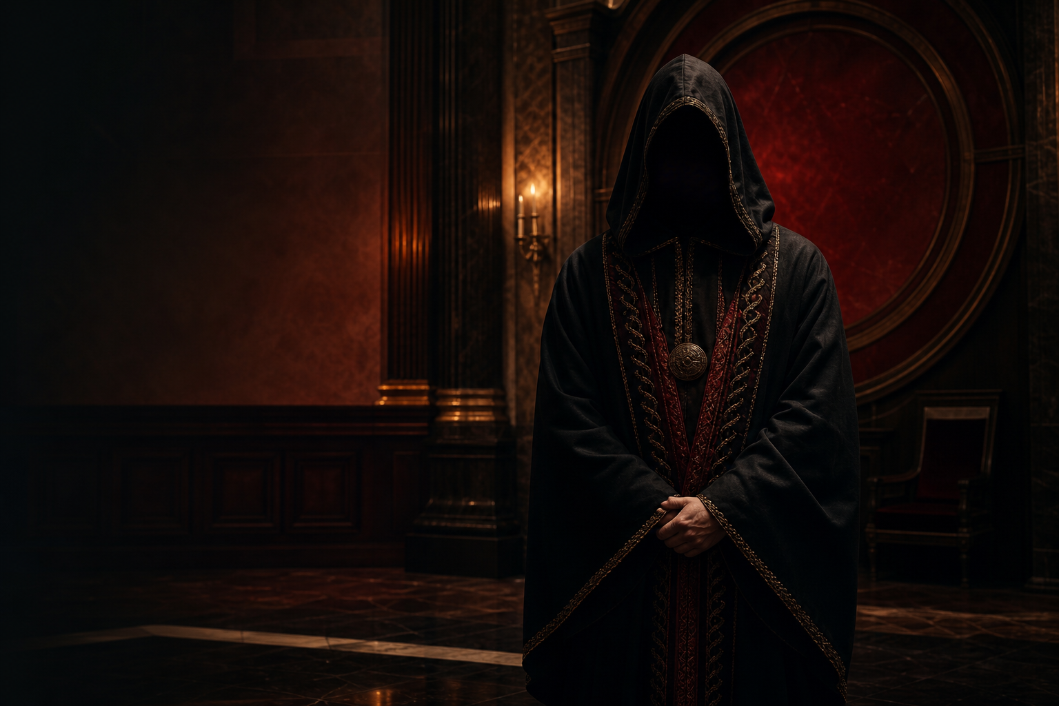 A solemn figure in black robes with face hidden.